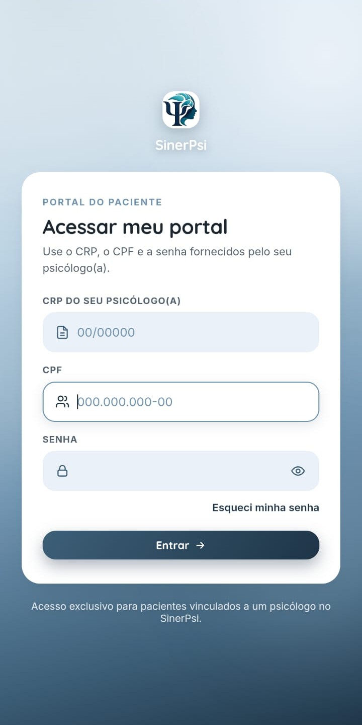 Tela de login do Portal do Paciente, com CRP, CPF e senha