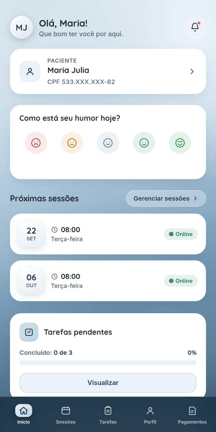 Tela inicial do Portal do Paciente, com saudação, humor do dia e próxima sessão
