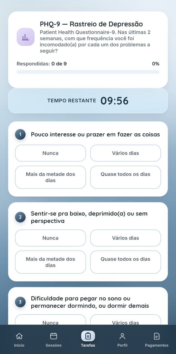 Tela de sessões do Portal do Paciente, com botões de entrar, remarcar e cancelar