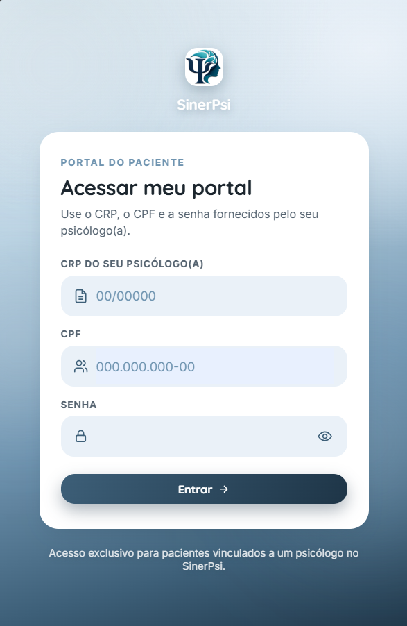 Tela de login do Portal do Paciente, com CRP, CPF e senha