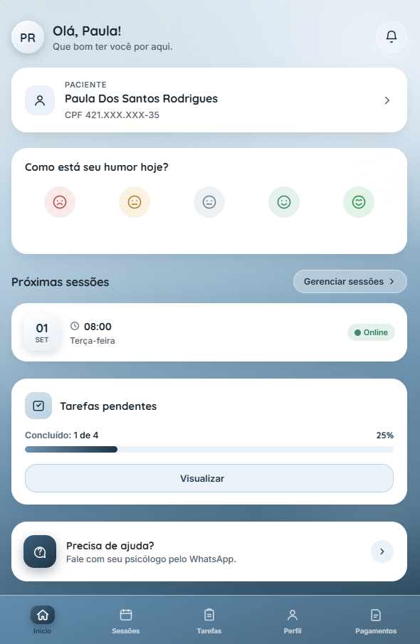 Tela inicial do Portal do Paciente, com saudação, humor do dia e próxima sessão