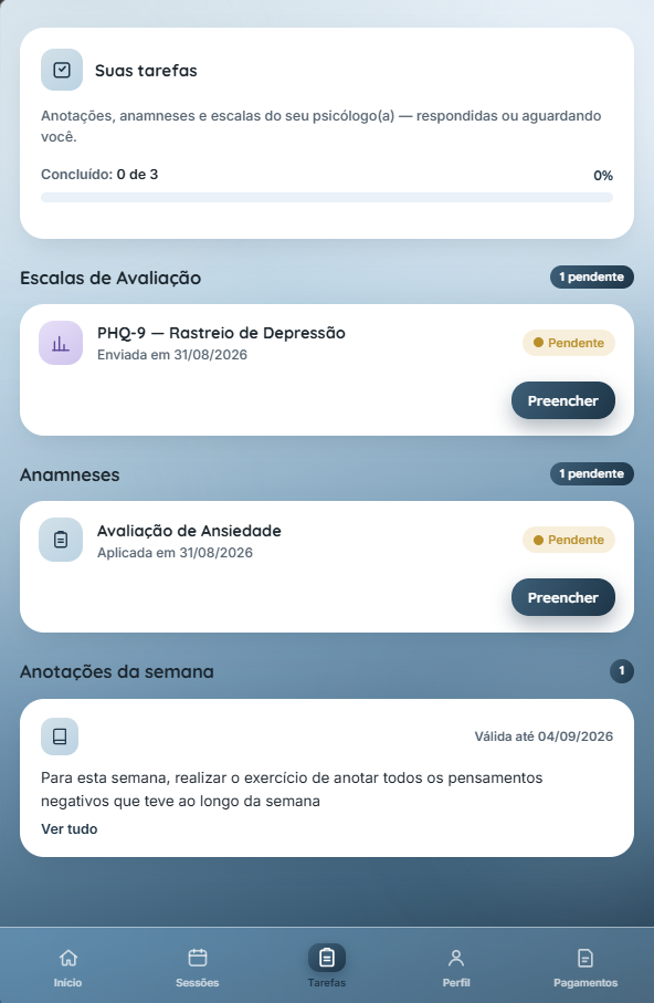 Tela de tarefas do Portal do Paciente, com escalas e anamneses pendentes