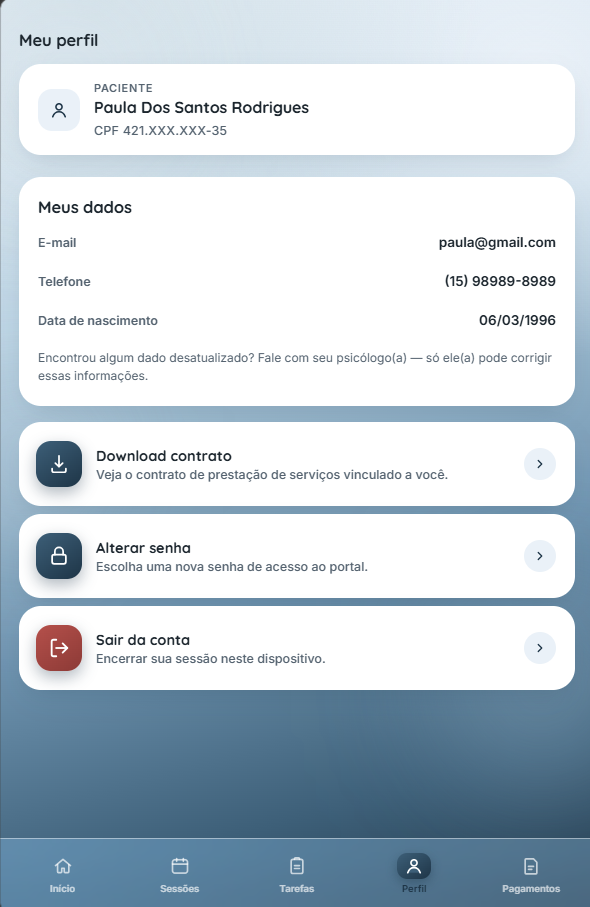 Tela de perfil do Portal do Paciente, com dados do paciente e opção de trocar senha