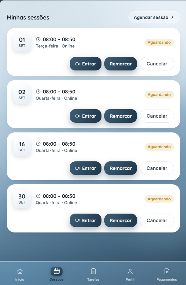 Tela de sessões do Portal do Paciente, com botões de entrar, remarcar e cancelar