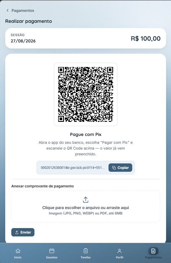 Tela de pagamento via Pix do Portal do Paciente, com QR Code e envio de comprovante