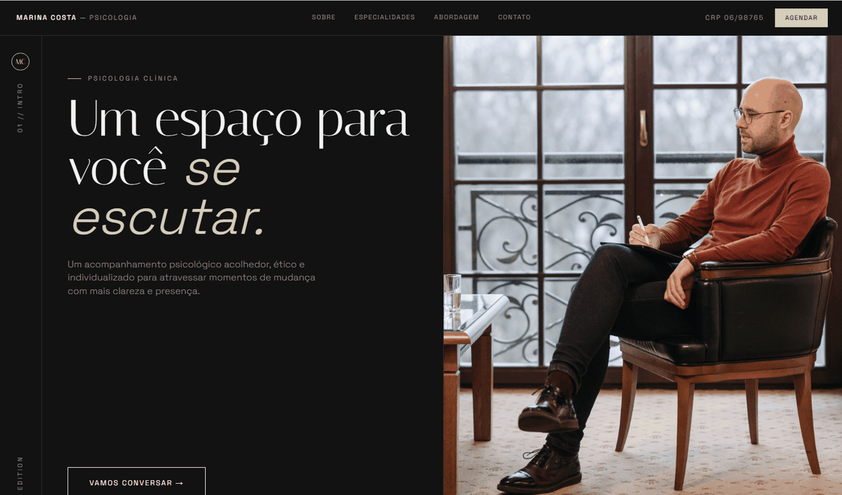 Modelo de página profissional — Marina Costa, psicóloga (tema escuro)