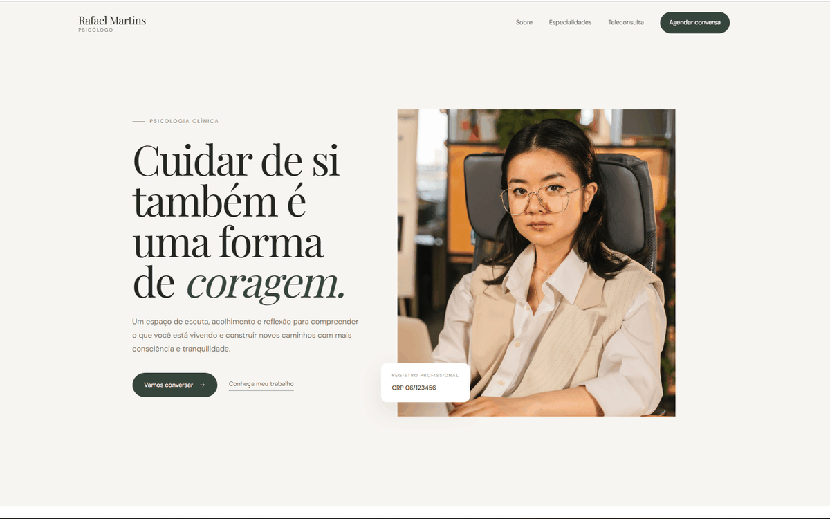 Modelo de página profissional — Rafael Martins, psicólogo